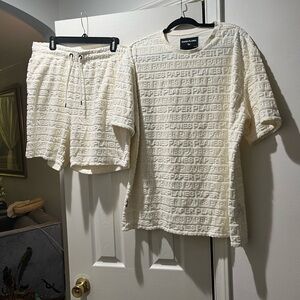 Cream Embossed Shirt and Shorts Set Large